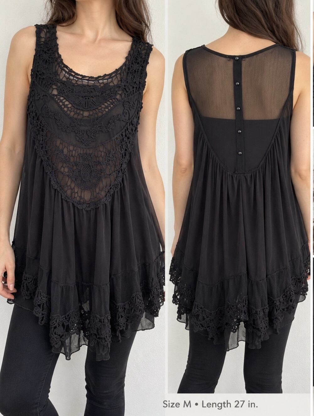 Goth Whimsical Boho Ultra Pink Crochet Lace Babydoll Tank Size M Black Ethereal